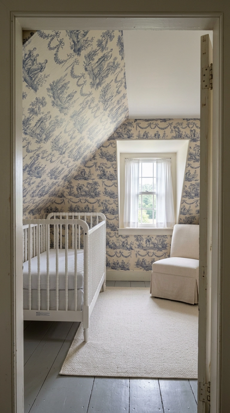 Indigo toile de Jouy floral paper on the sloped ceiling of an attic nursery