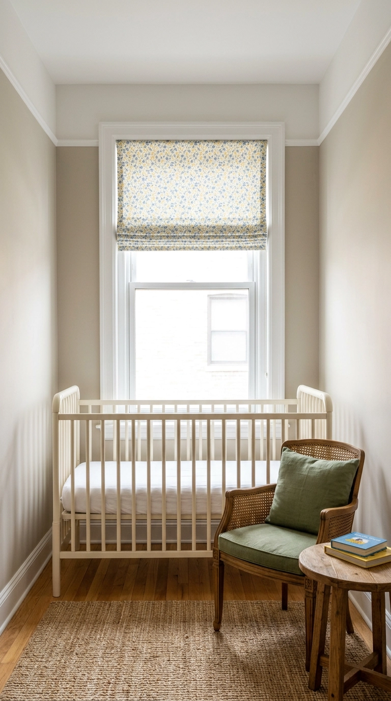 Ditsy floral roman shade in a small nursery with greige walls and a cream crib