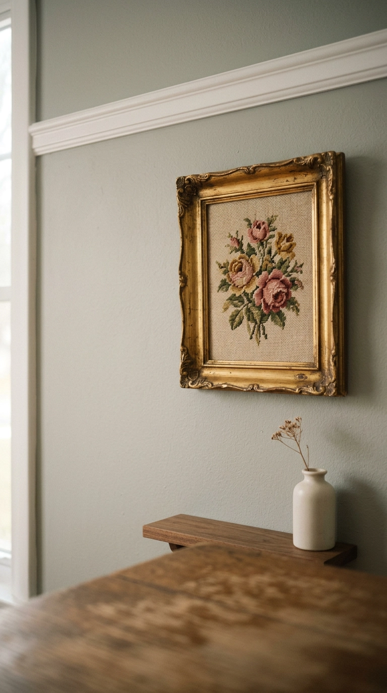 Vintage floral needlepoint in a gilt frame on a sage-grey nursery wall