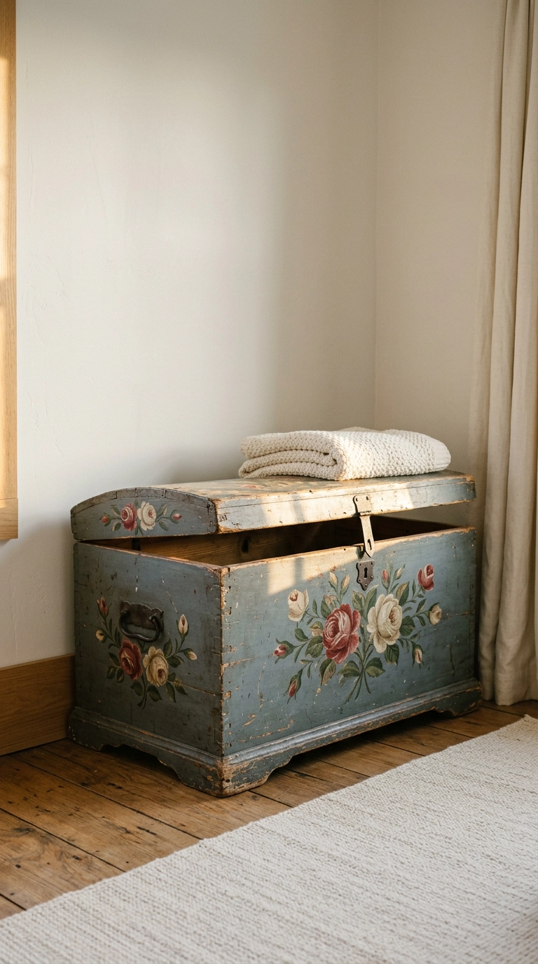 Hand-painted folk rose blanket chest with a slate-blue ground in a nursery