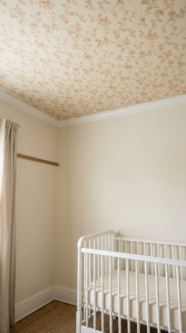 Small-scale floral wallpaper applied to a nursery ceiling above a white crib