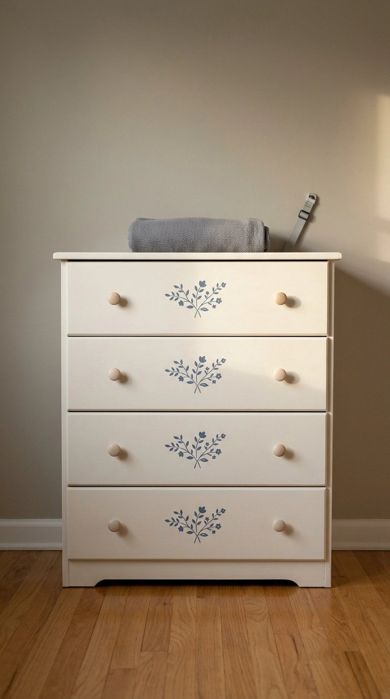 Stenciled floral sprigs on the ivory drawer fronts of a nursery dresser