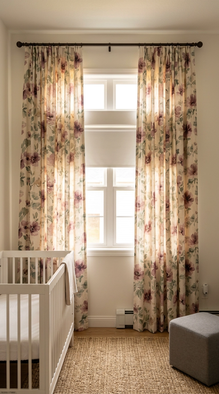 Floor-length watercolor floral blackout curtains hung high in a nursery