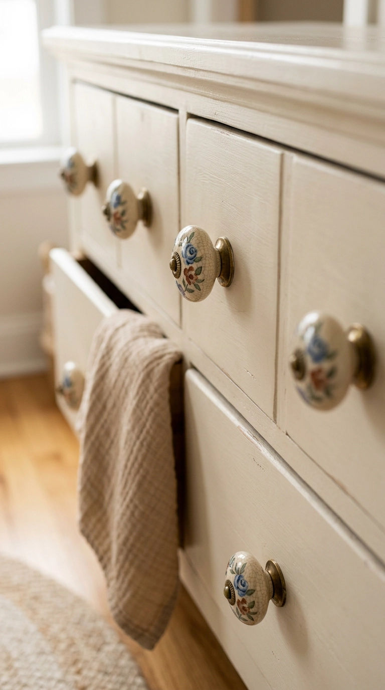 Hand-painted floral ceramic knobs on a bone-white nursery dresser