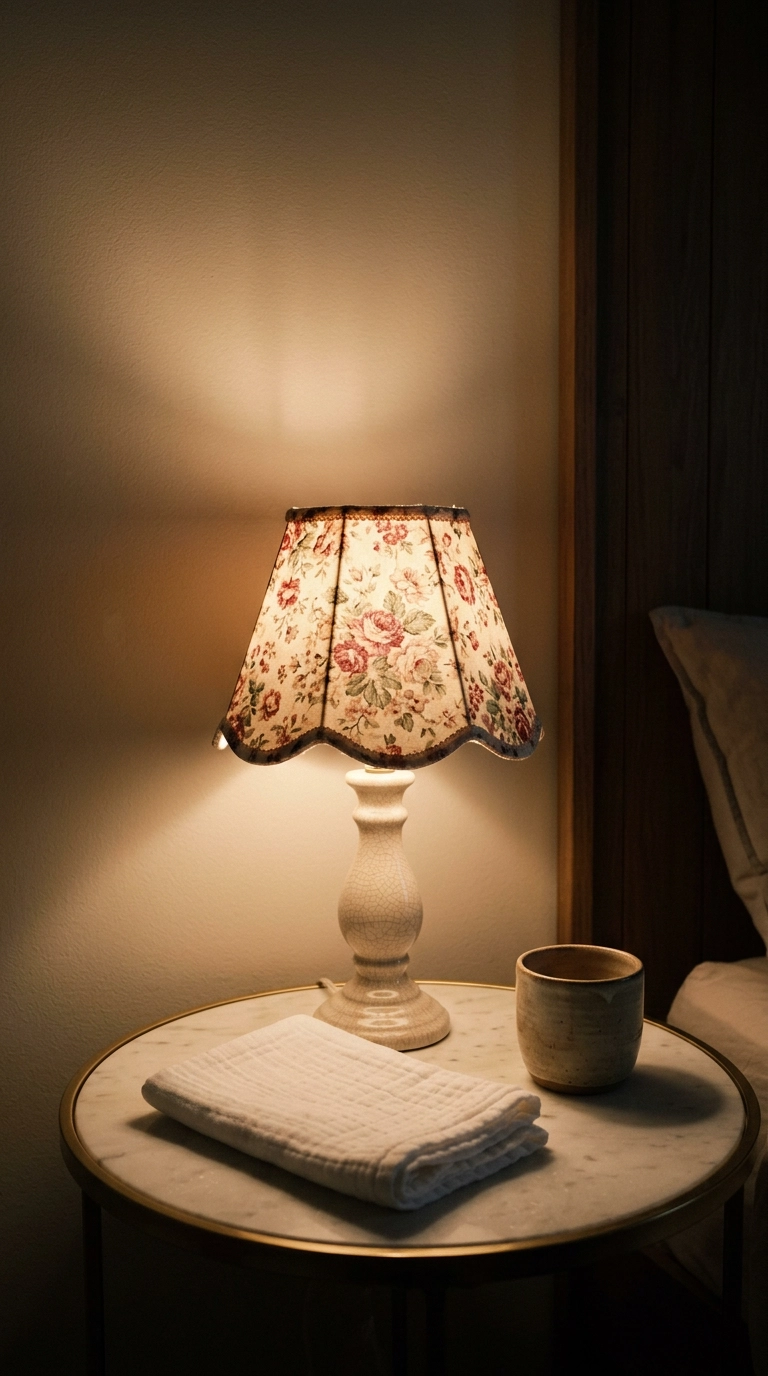 Scalloped chintz floral lampshade on an ivory ceramic base in a nursery