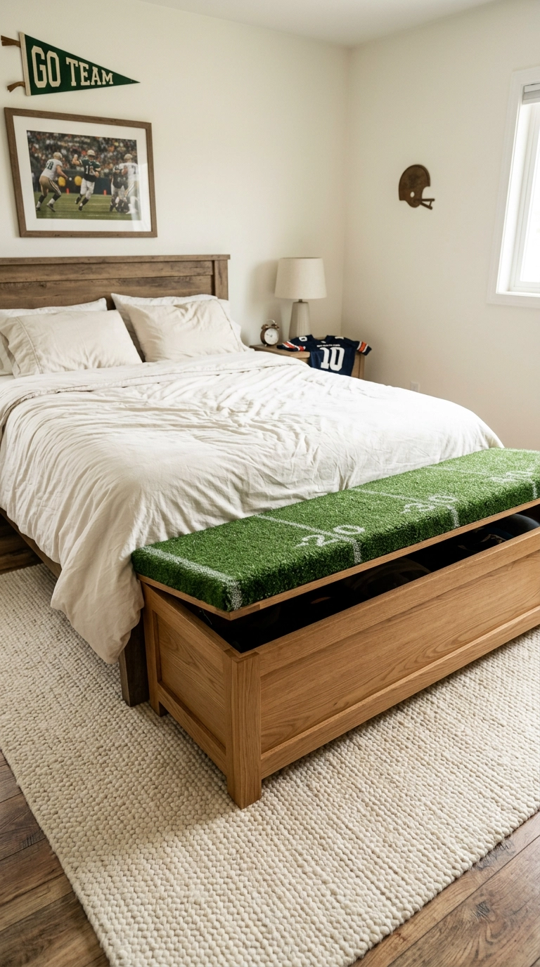Oak storage bench with a green turf top at the foot of a bed in a football bedroom