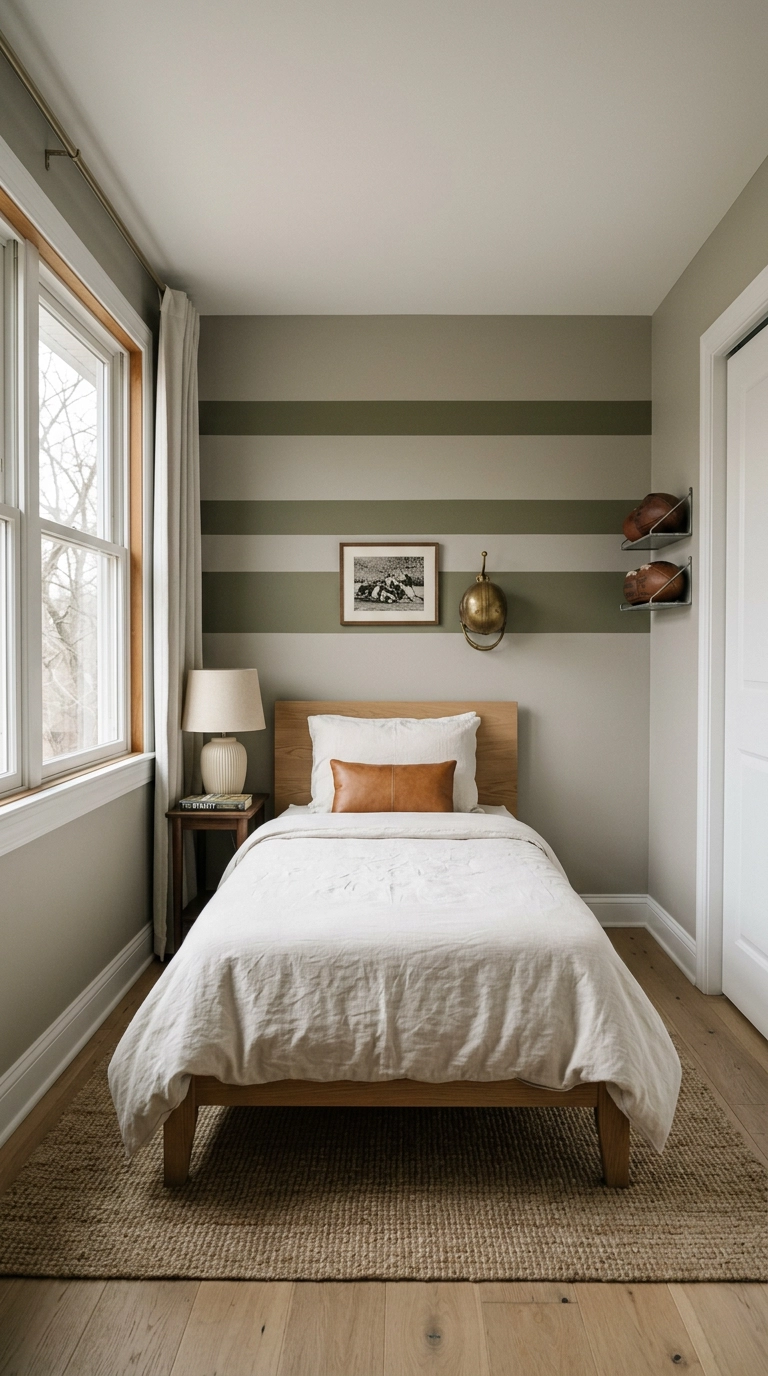 Small football bedroom with wide olive-green painted stripes behind a white oak twin bed