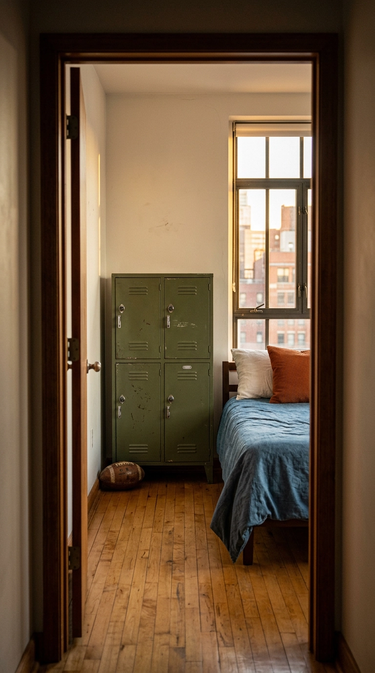 Olive green metal locker dresser beside a bed with denim bedding in a football bedroom