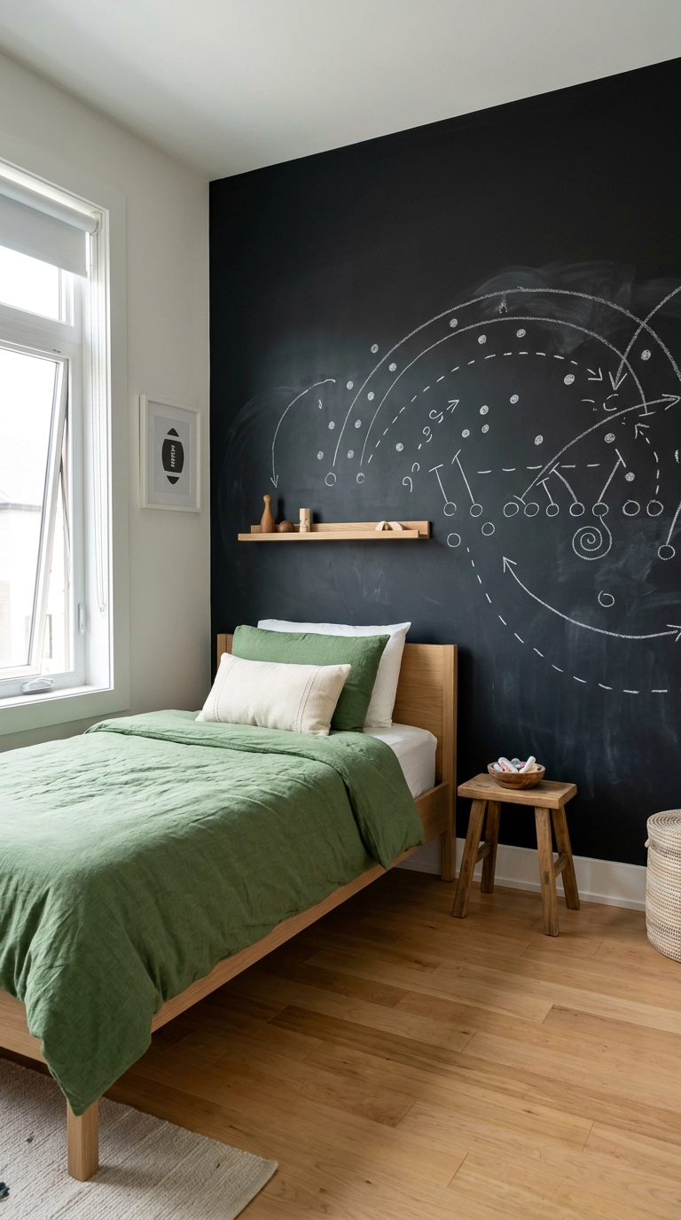 Black chalkboard wall with faint chalk play diagrams in a kids football bedroom