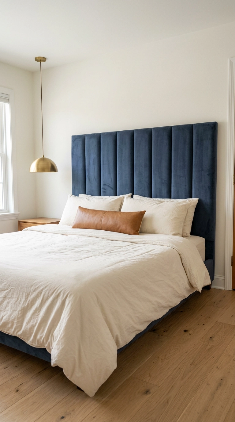 Navy channel-tufted upholstered headboard resembling stadium padding above a queen bed