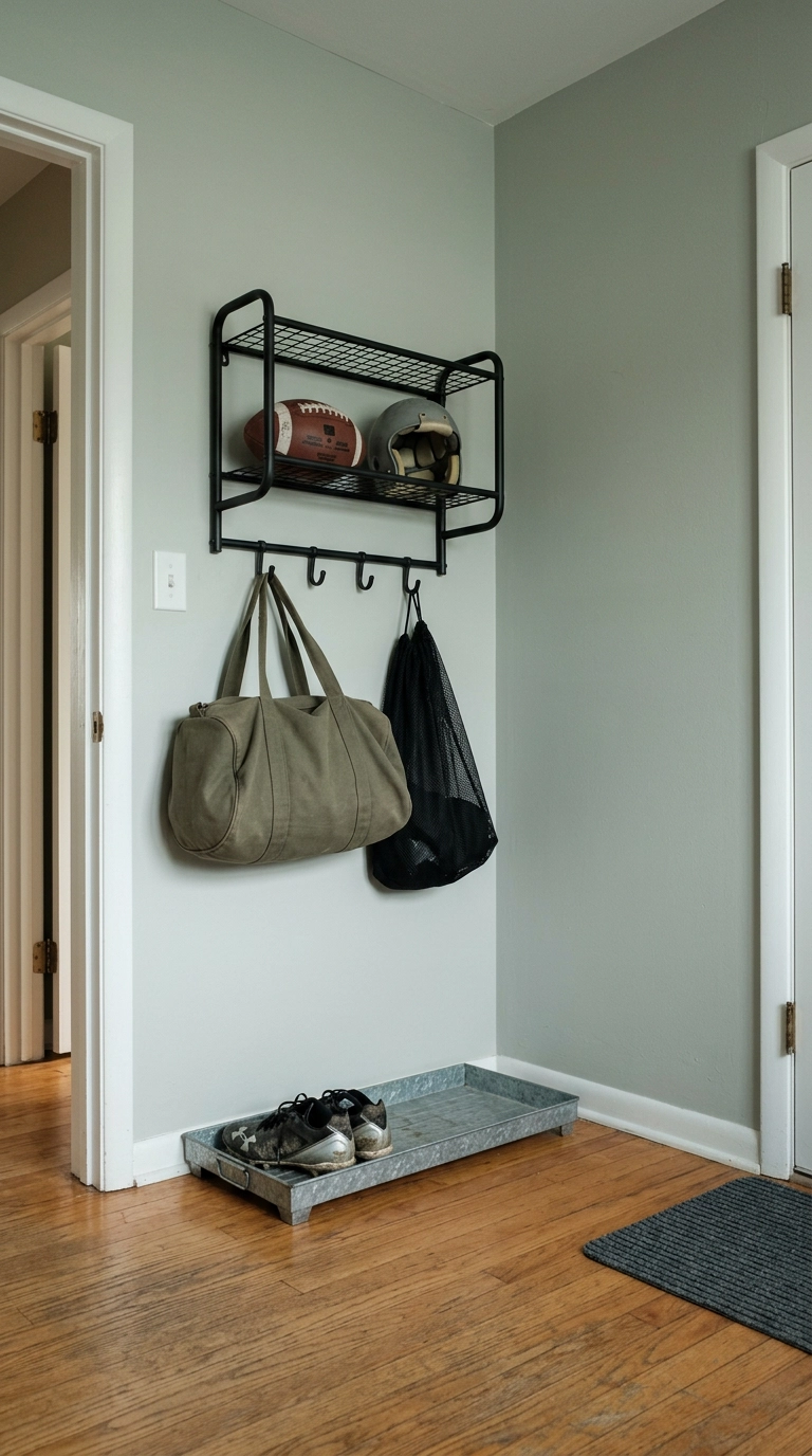 Black wall-mounted gear rack with a duffel bag and a metal tray of cleats in a football bedroom