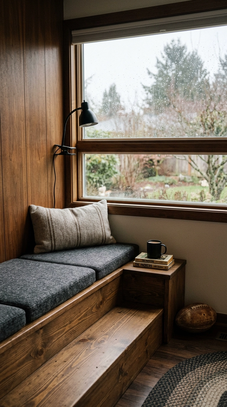 Tiered pine bleacher bench with charcoal wool cushions under a window in a football bedroom