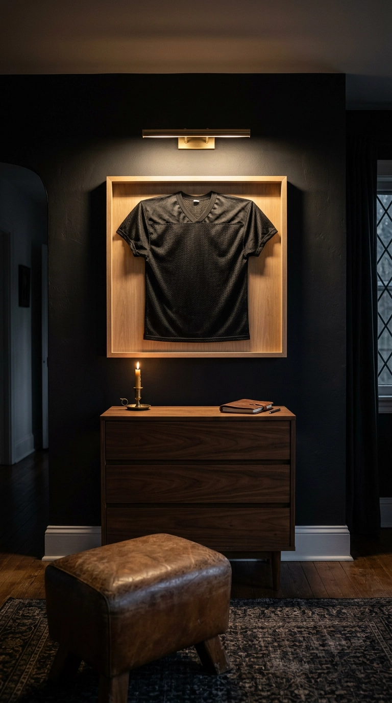 Framed athletic jersey in a white oak shadow box lit by a brass picture light in a dark football bedroom