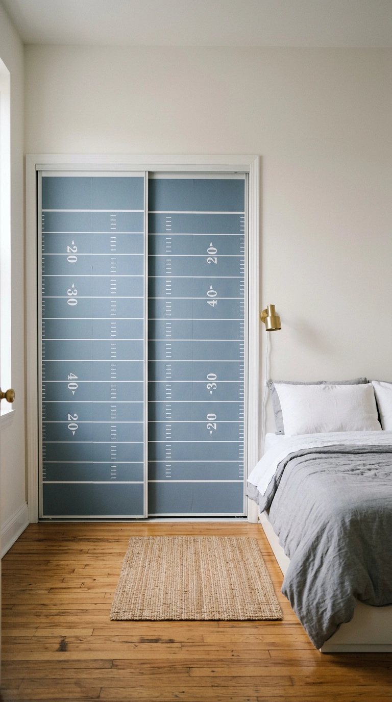 Sliding closet doors covered in slate blue removable wallpaper with white field lines in a rental football bedroom