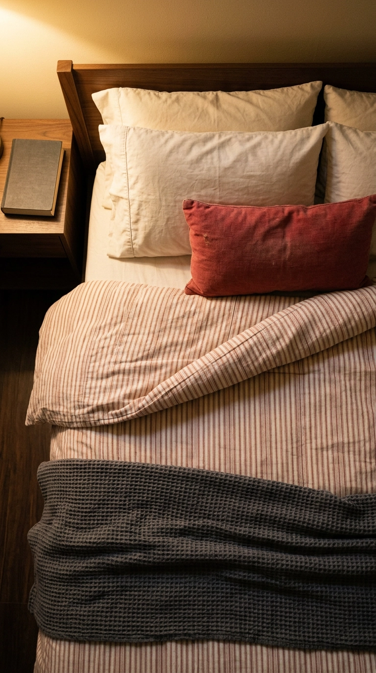 Ticking stripe duvet and charcoal waffle blanket layered on a bed in a football bedroom
