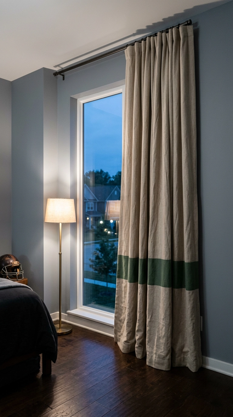 Oatmeal blackout curtains with a wide green horizontal band at a window in a teen football bedroom