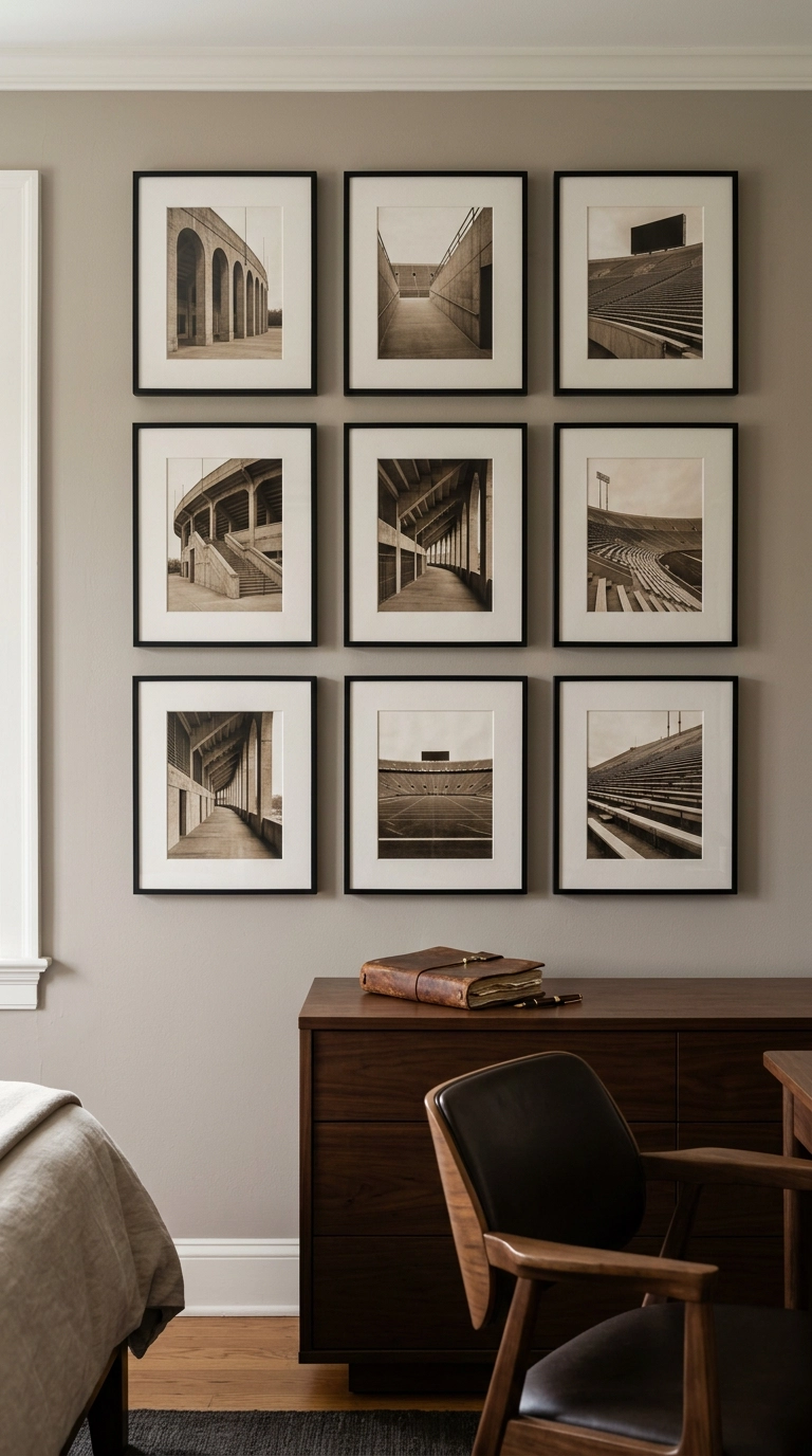 Grid of nine sepia stadium architecture photographs in thin black frames on a taupe wall