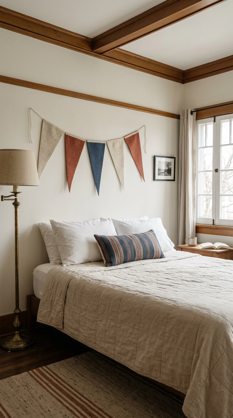 Wool felt pennant garland in oatmeal, rust and navy strung above a bed in a football bedroom