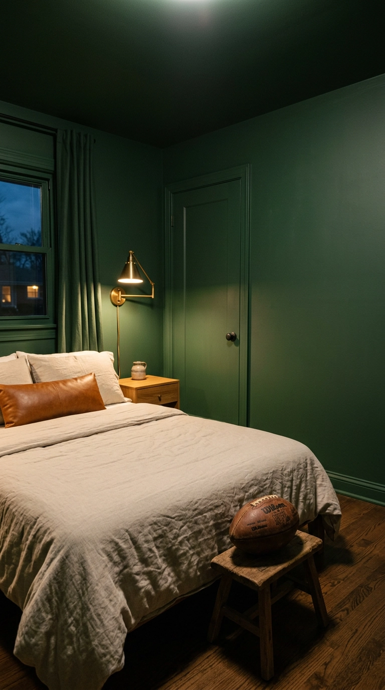 Small bedroom drenched in deep forest green on walls, trim and ceiling with oatmeal linen bedding