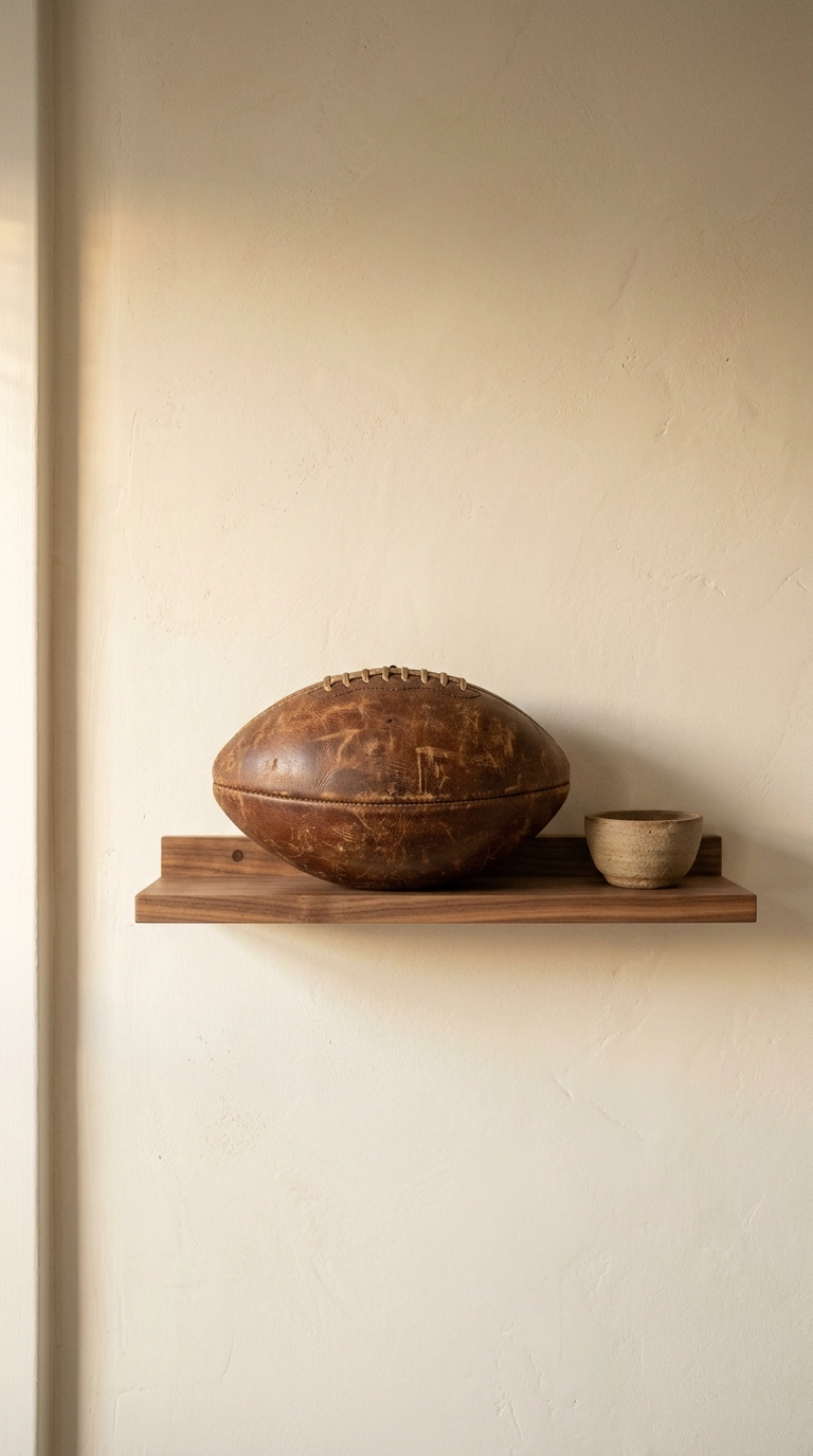 Single vintage leather football displayed on a narrow walnut picture ledge in a football bedroom