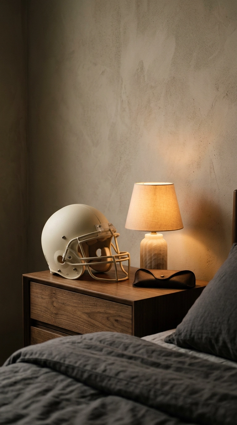 Matte cream football helmet displayed as sculpture on a walnut nightstand