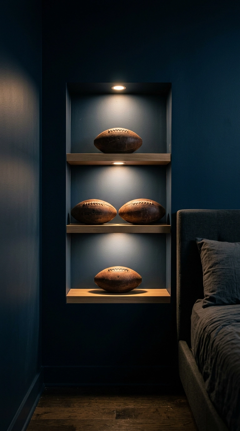 Recessed niche with oak shelves and lit leather footballs in a dark ink-blue football bedroom