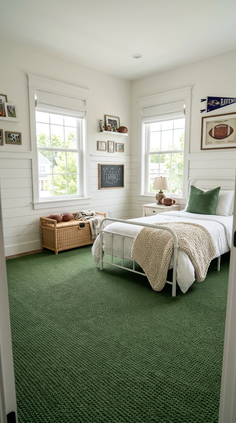 Deep green loop pile rug filling the floor of a bright modern farmhouse football bedroom