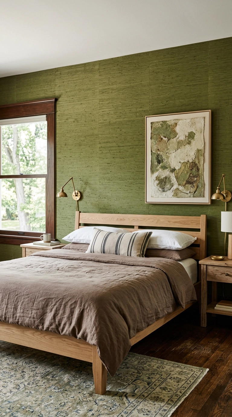 Mossy green grasscloth wallcovering behind a white oak king bed in an organic modern football bedroom