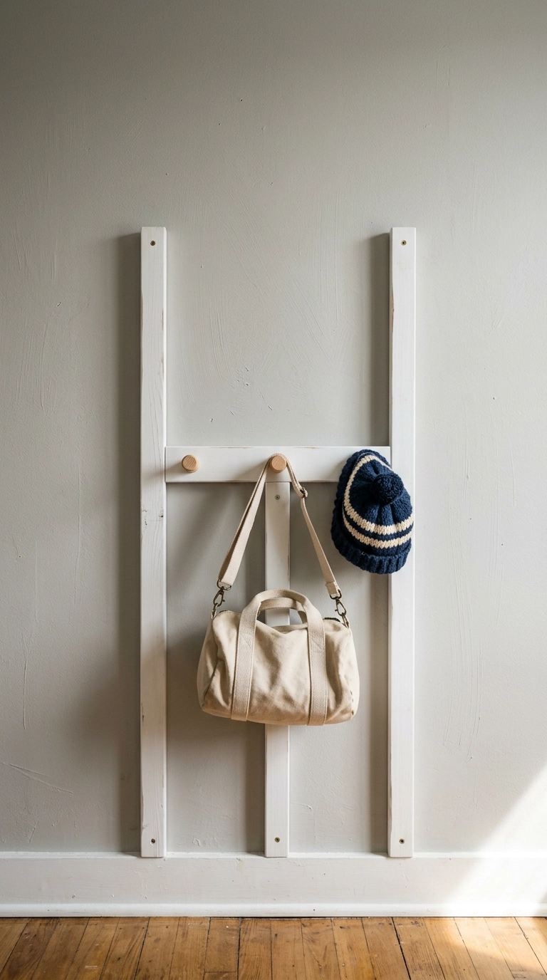 White goalpost-shaped wooden peg rail holding a canvas duffel in a kids football bedroom