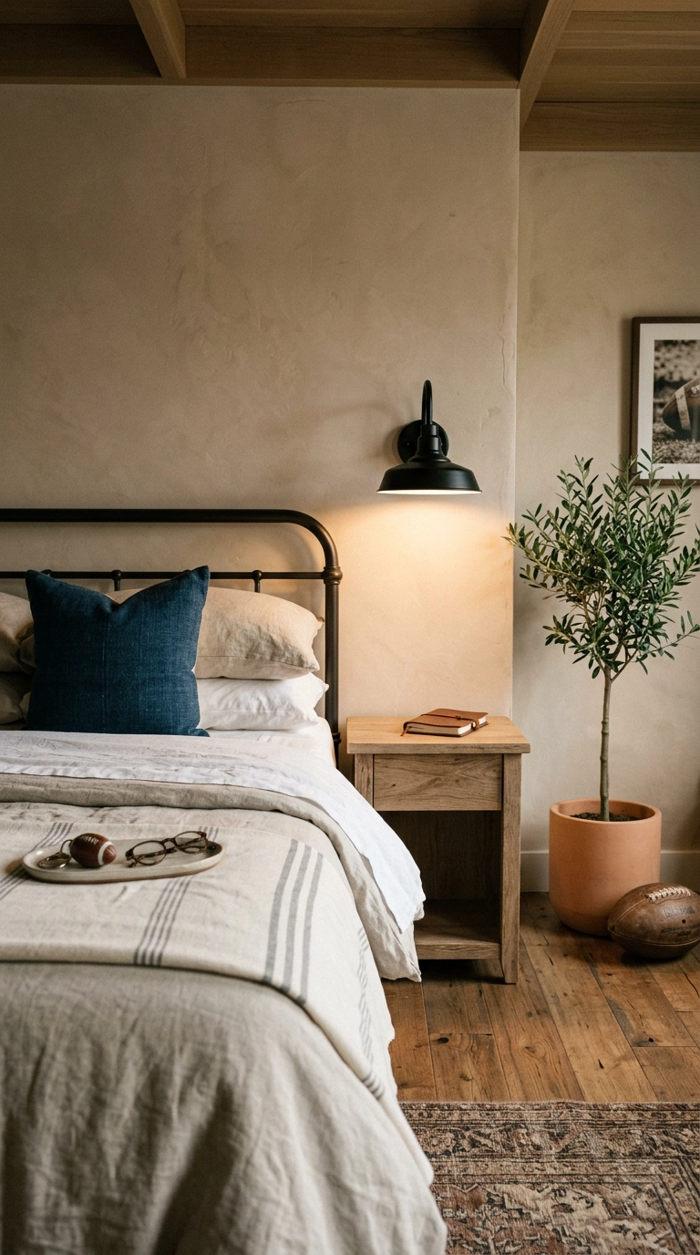 Black gooseneck barn sconce above a white oak nightstand in a warm clay-beige football bedroom