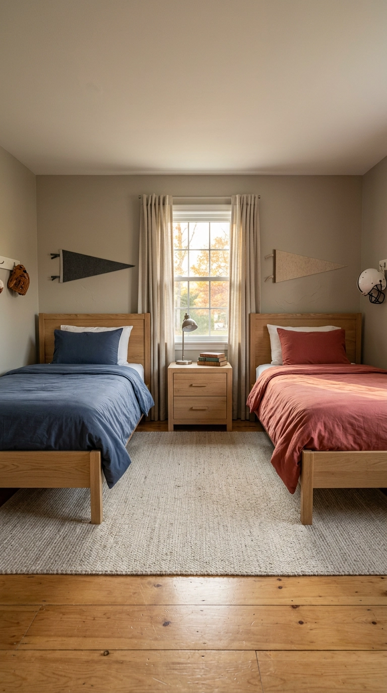 Shared football bedroom with two twin beds in navy and faded red bedding flanking one nightstand