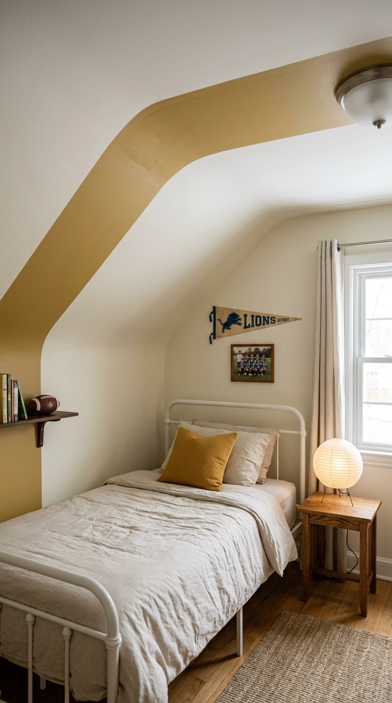 Wide mustard stripe painted across the ceiling and upper wall of a kids football bedroom