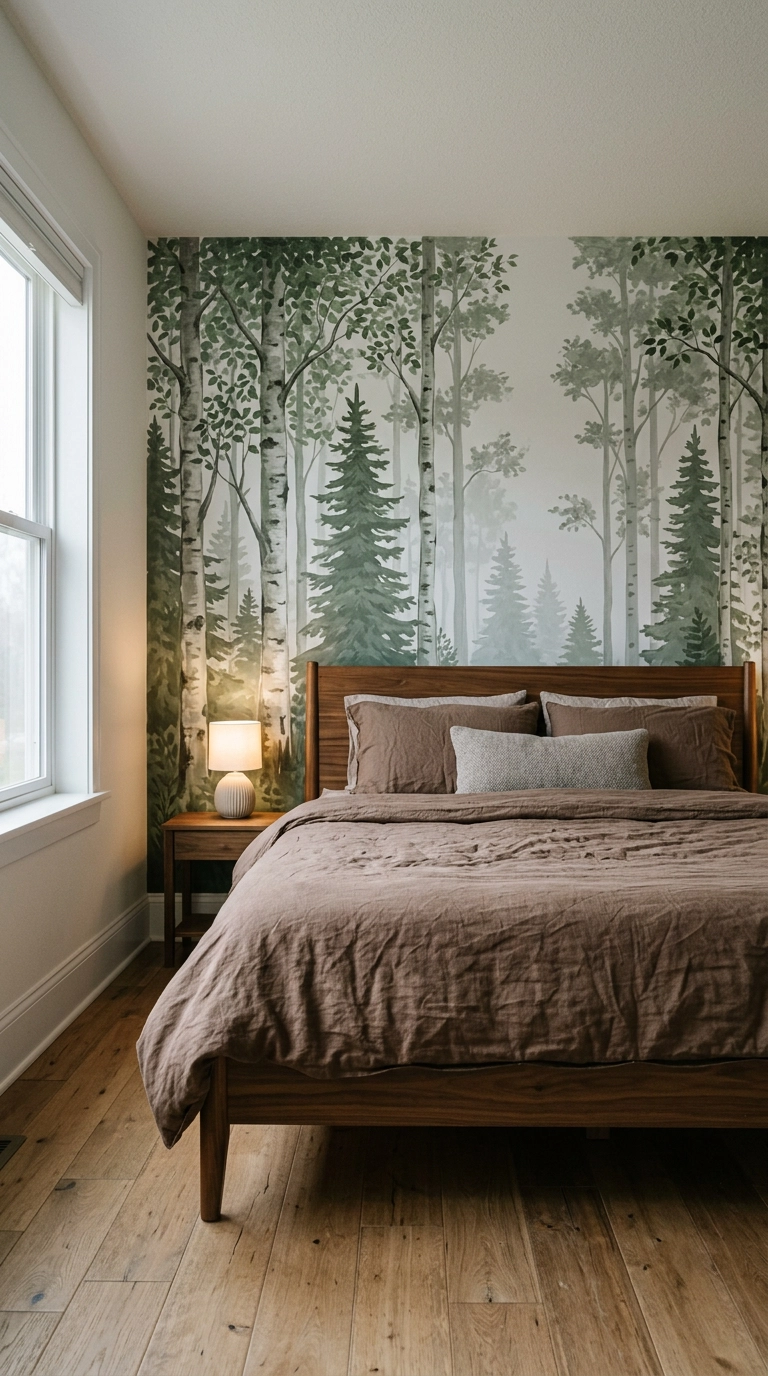 Forest bedroom with a painted birch tree mural behind a walnut bed and brown linen bedding