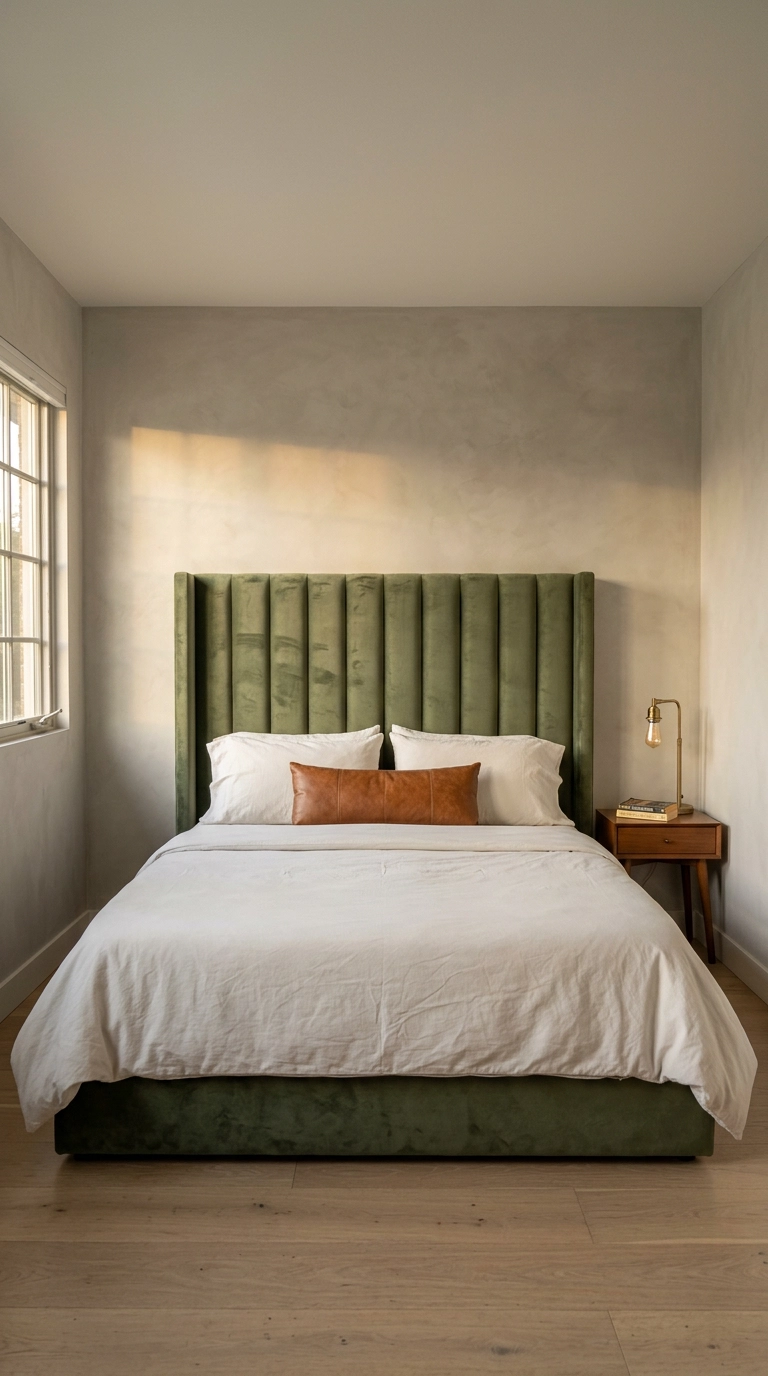 Moss green velvet channel-tufted headboard against soft grey limewash plaster walls