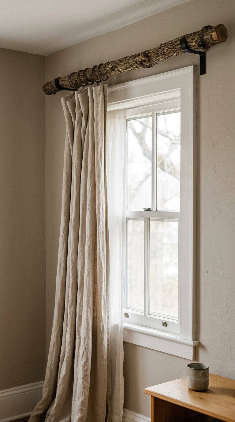 Foraged oak branch mounted as a curtain rod holding oatmeal linen curtains above a window