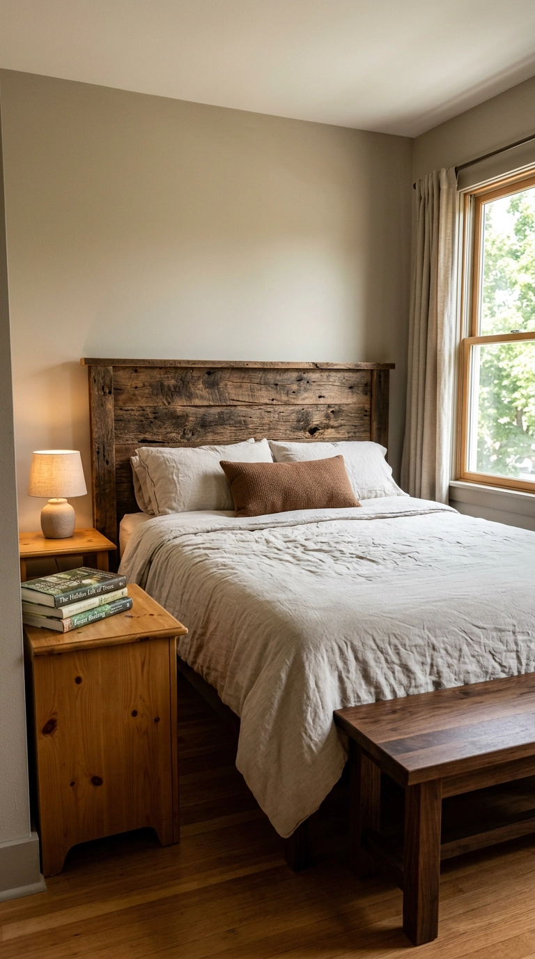 Bedroom layering barnwood headboard, pine nightstand and walnut bench in three wood tones