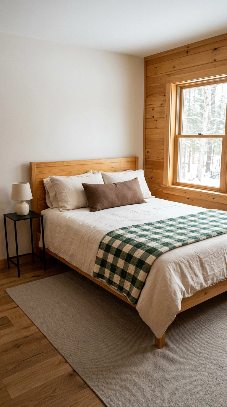 Pine green buffalo check quilt folded on a bed against honey pine plank walls