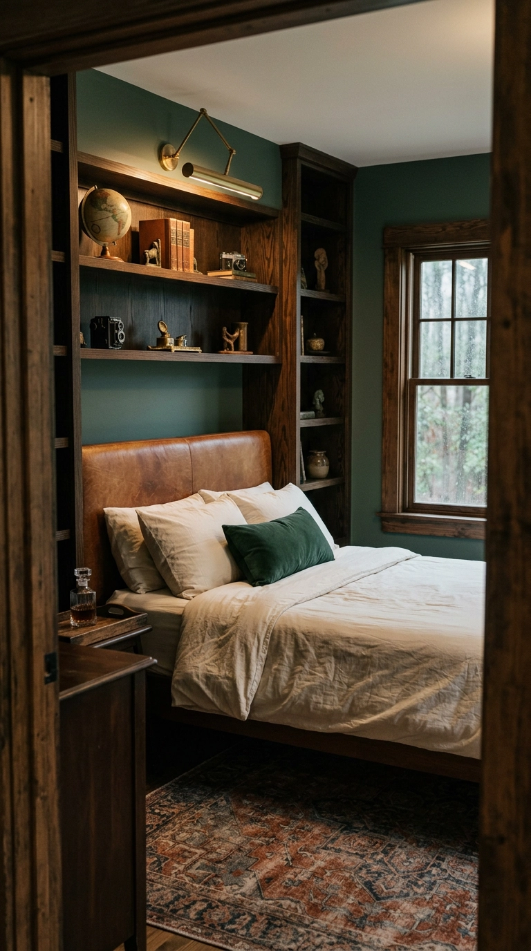 Dark academia bedroom with spruce green walls, built-in oak bookshelves and a leather headboard