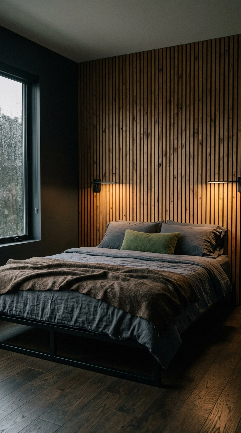 Vertical stained pine slat accent wall behind a low black platform bed with sconces