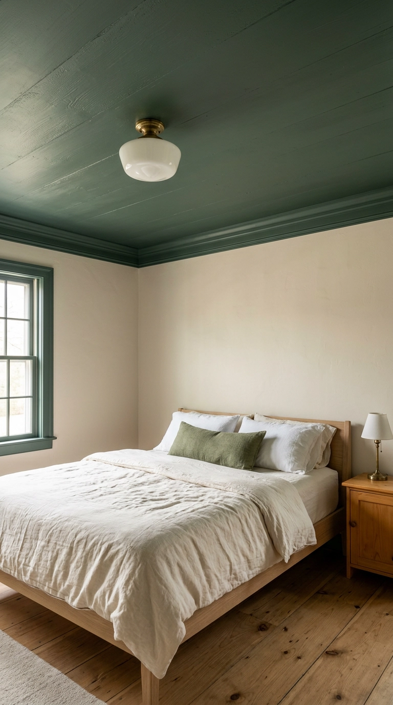 Deep spruce green painted bedroom ceiling above pale oatmeal walls and a white oak bed