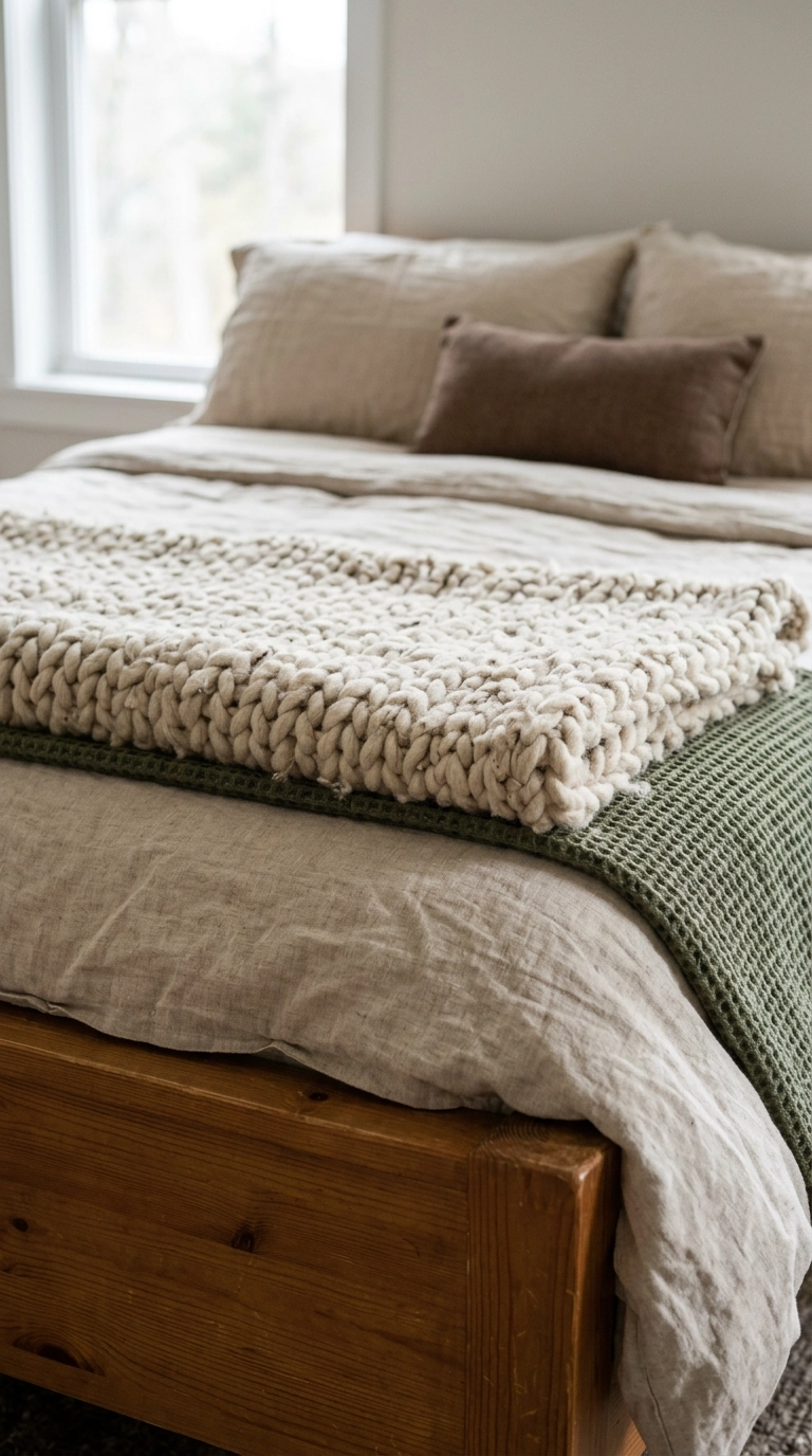 Layered wool throw, oatmeal linen duvet and moss green waffle blanket on a pine bed
