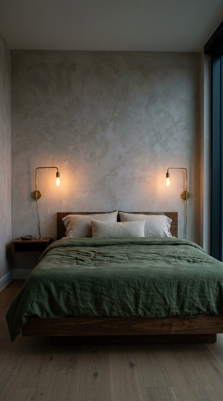Two brass swing-arm sconces glowing above nightstands beside a walnut bed with green bedding