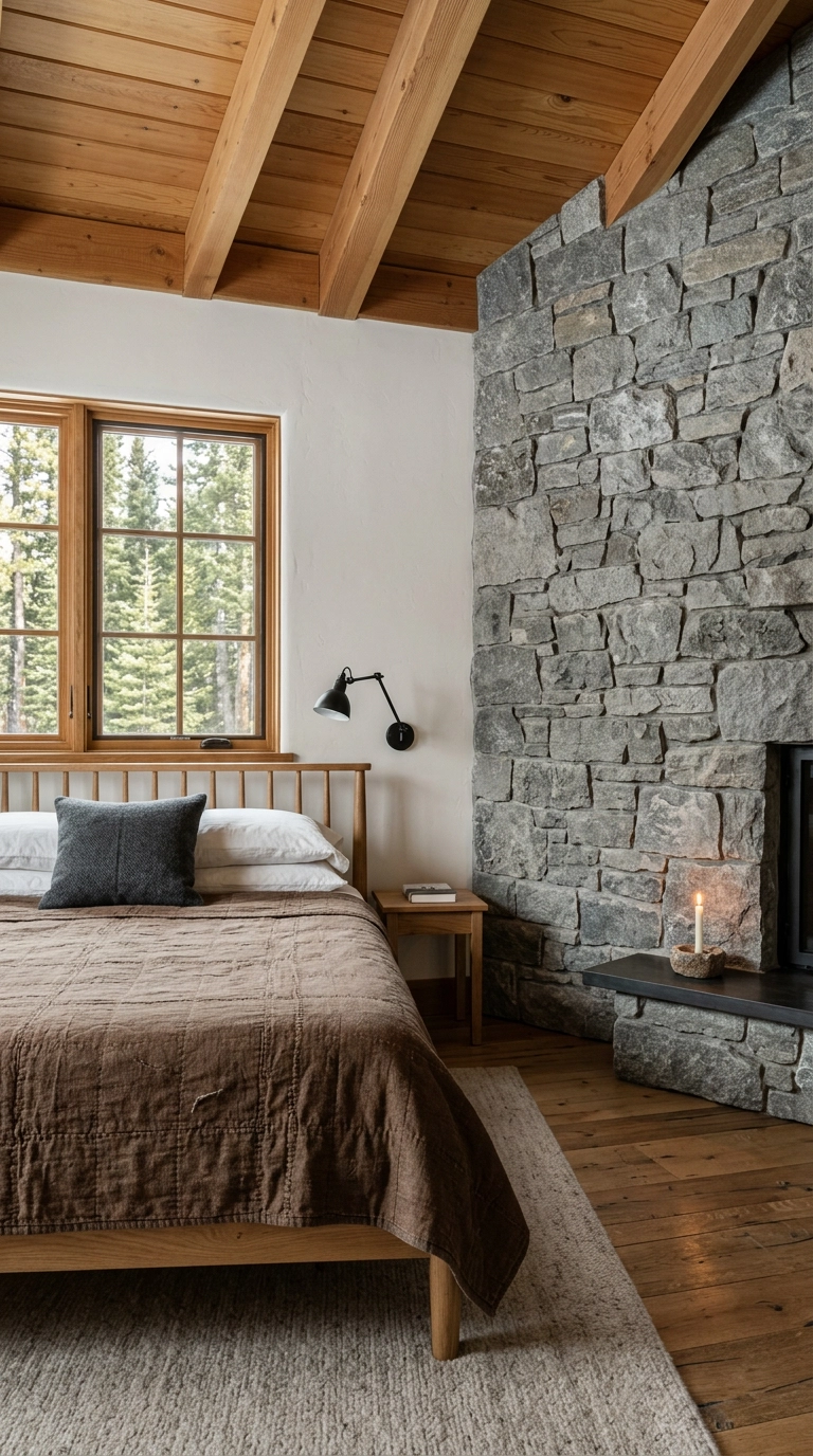 Rough stacked fieldstone chimney wall beside an oak bed with a bark brown quilt