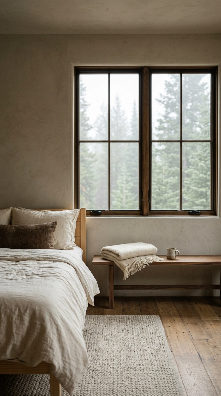 Low walnut bench with a wool throw under a bedroom window facing evergreen trees
