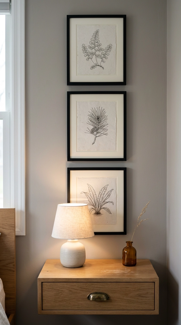 Three framed botanical line drawings stacked vertically above a white oak nightstand