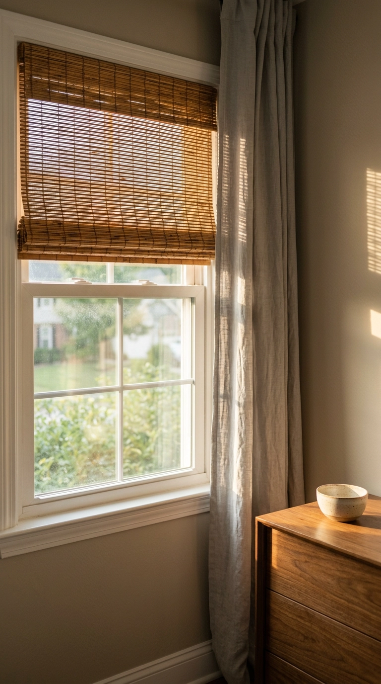 Woven wood shade filtering afternoon light onto a bedroom wall beside grey linen curtains