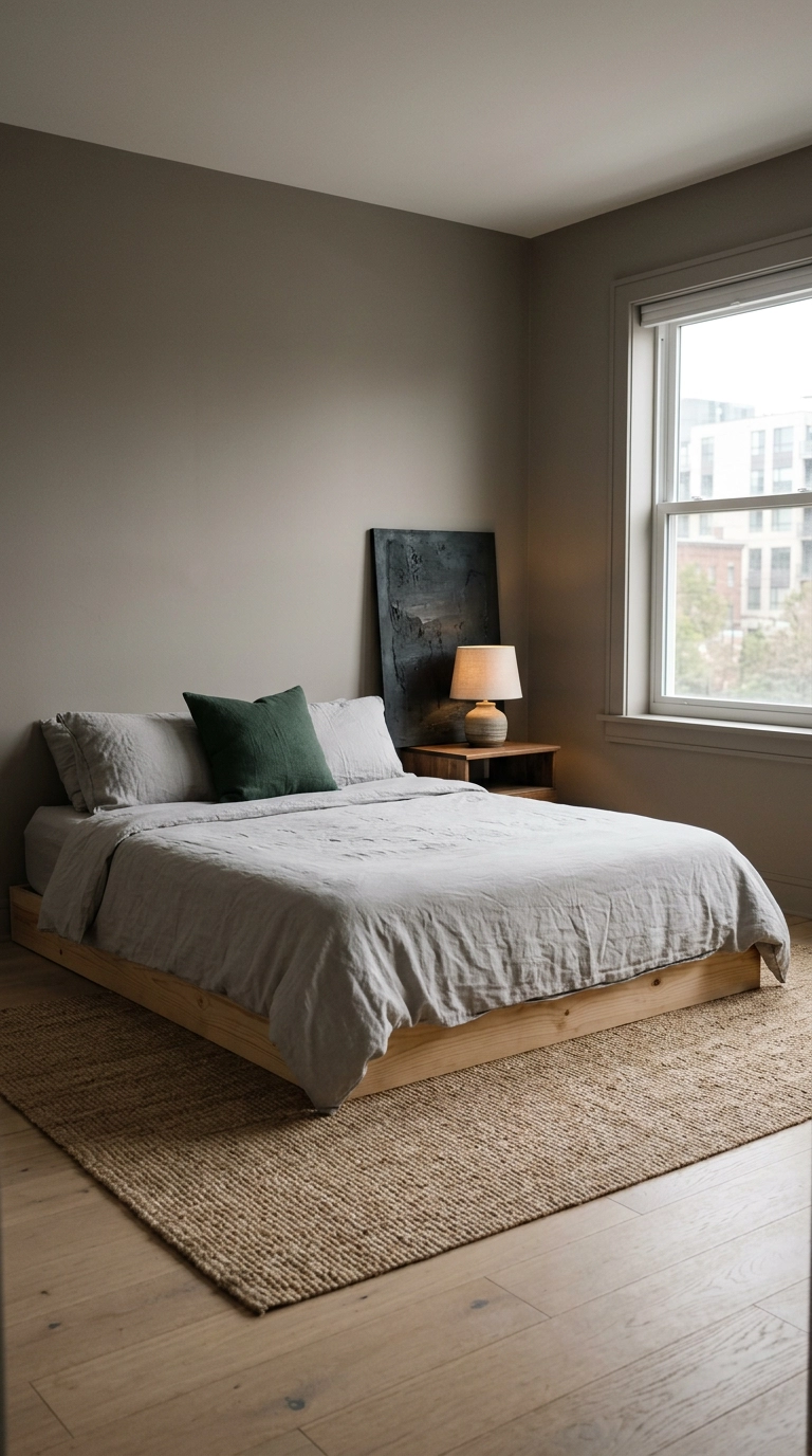 Bedroom color drenched in warm mushroom grey with pine bed and fog grey linen bedding