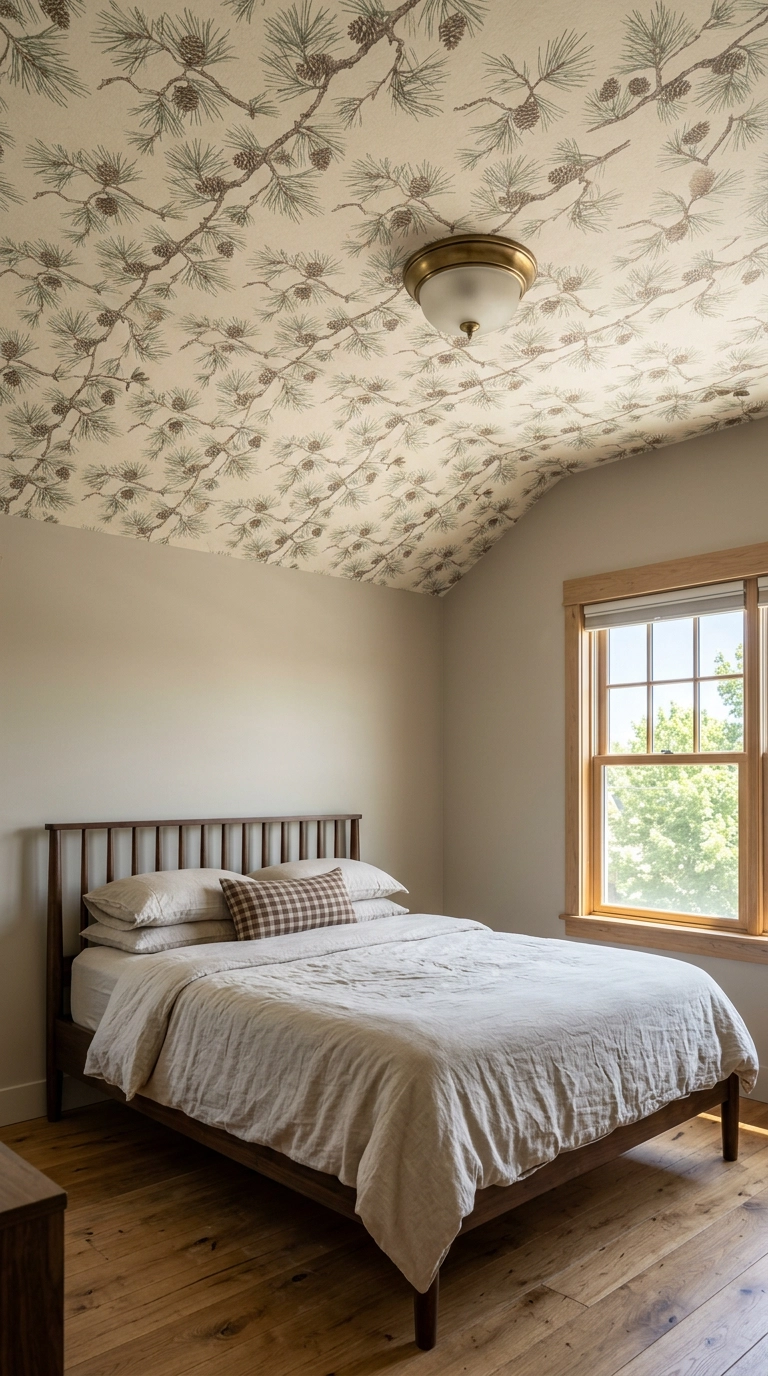 Pine branch patterned wallpaper on a bedroom ceiling above plain greige walls