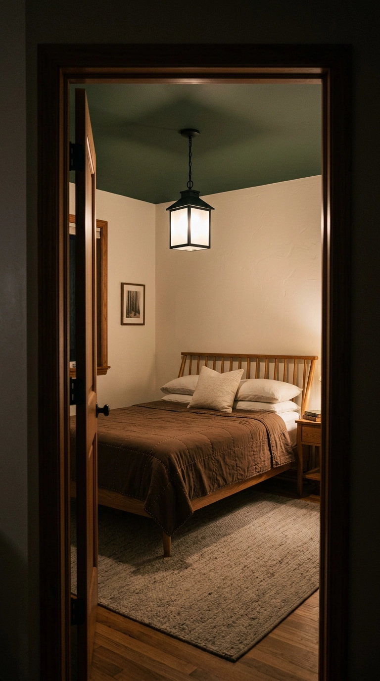 Black lantern pendant light glowing warmly over a bed in a dark woodland bedroom