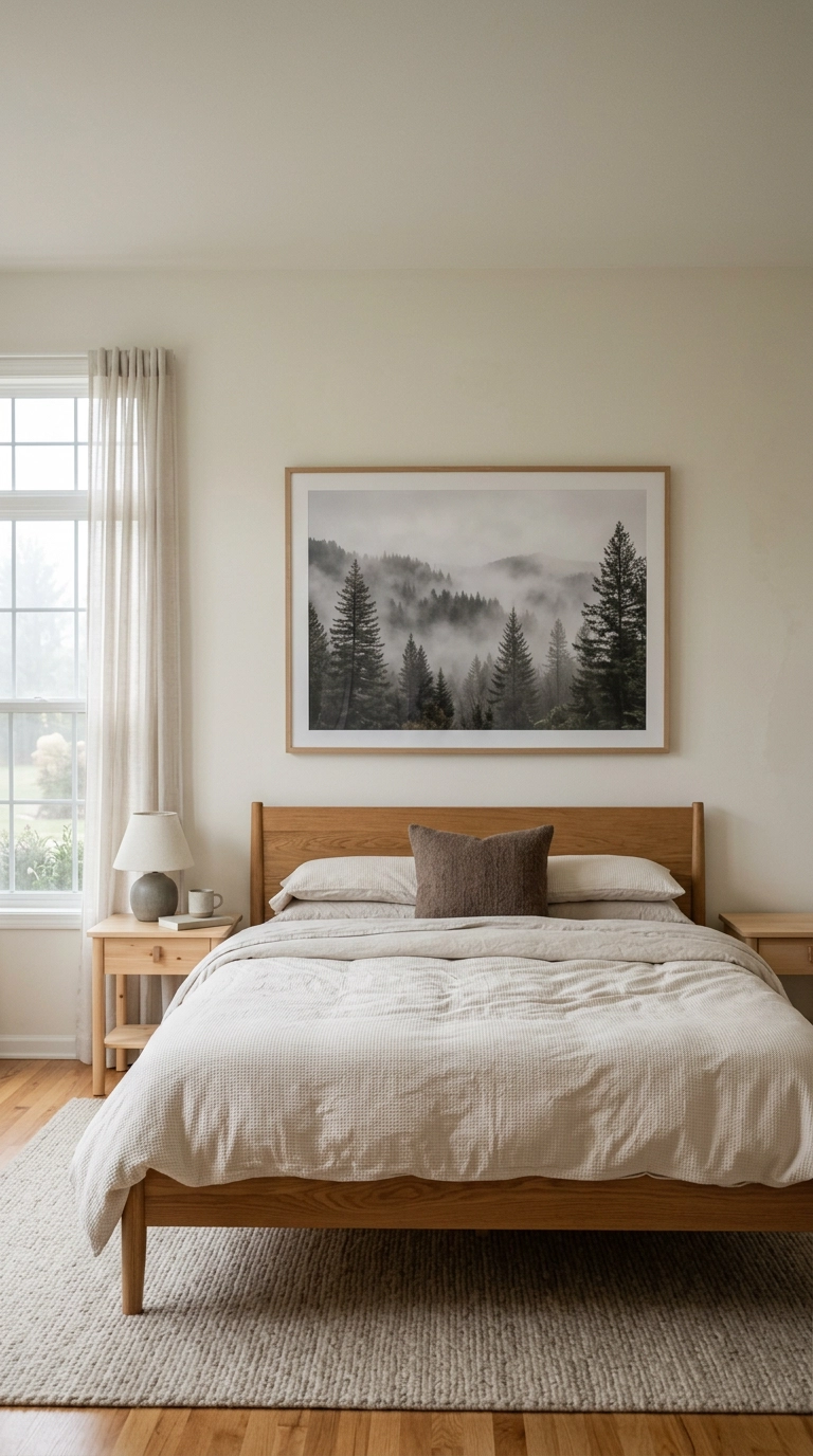 Oversized framed misty forest photograph in an oak frame hanging above a bed
